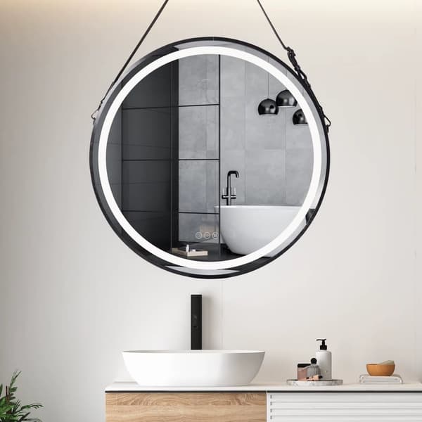 Ø80cm 24W svart rund väggmonterad badrumsspegel med ljus, anti-dimma och dimbar sminkspegel, 3 ljuslägen