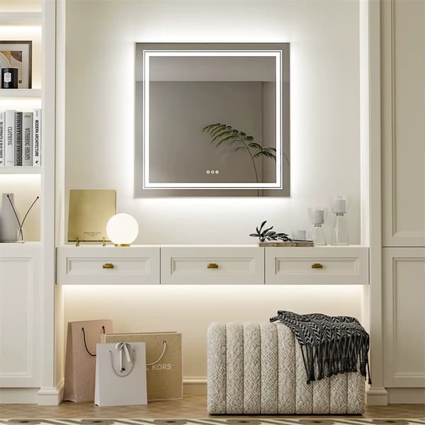80x80cm 45W fyrkantig belyst väggmonterad badrumsspegel, anti-dimma sminkspegel med LED-ljus, 3 färger