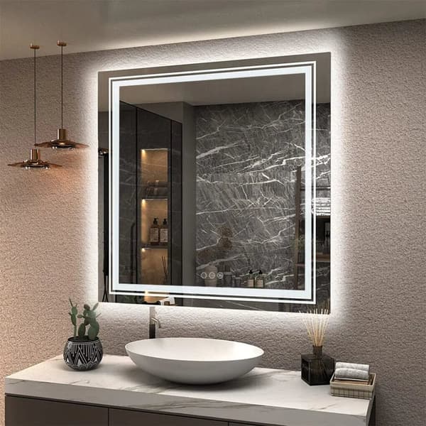 80x80cm 45W fyrkantig belyst väggmonterad badrumsspegel, anti-dimma sminkspegel med LED-ljus, 3 färger