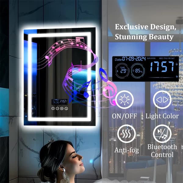 70x90cm 45W väggmonterad upplyst sminkspegel med bluetooth-högtalare, anti-dimma badrumsspegel med smart display