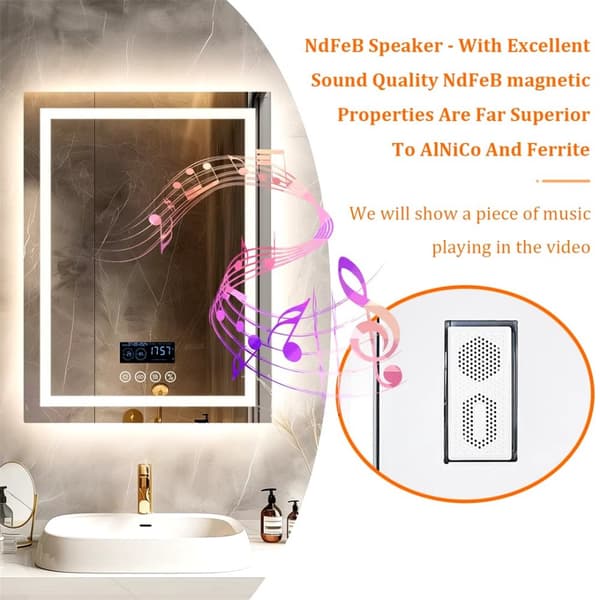 70x90cm 45W väggmonterad upplyst sminkspegel med bluetooth-högtalare, anti-dimma badrumsspegel med smart display