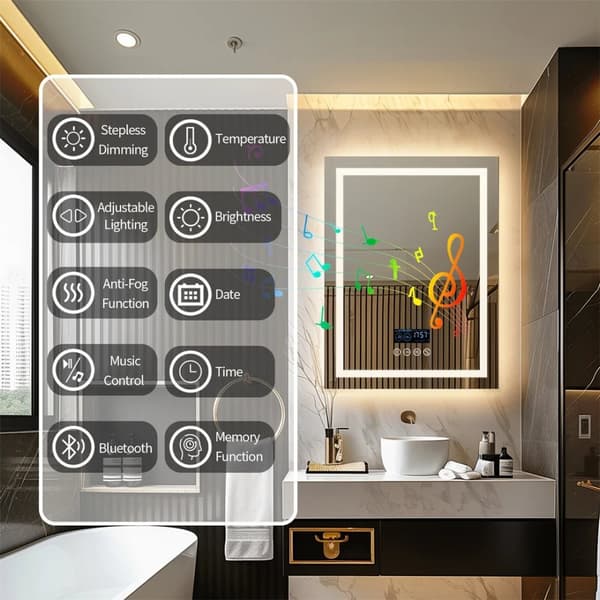 70x90cm 45W väggmonterad upplyst sminkspegel med bluetooth-högtalare, anti-dimma badrumsspegel med smart display