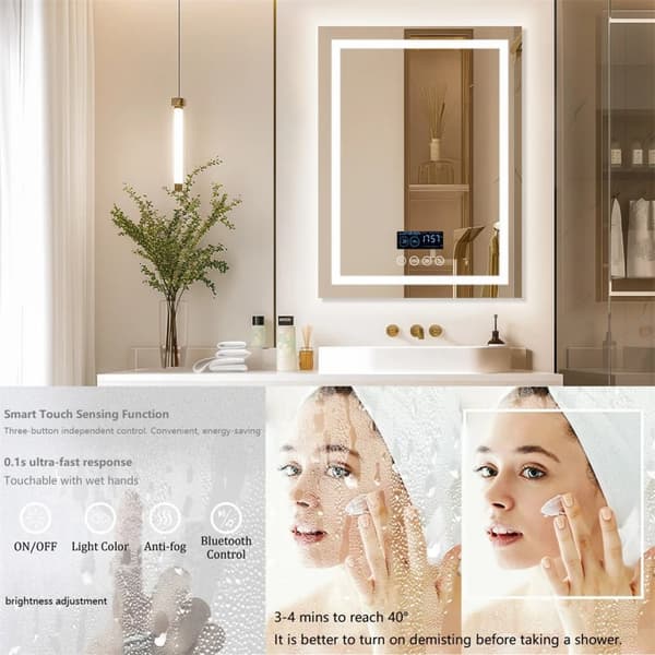 70x90cm 45W väggmonterad upplyst sminkspegel med bluetooth-högtalare, anti-dimma badrumsspegel med smart display