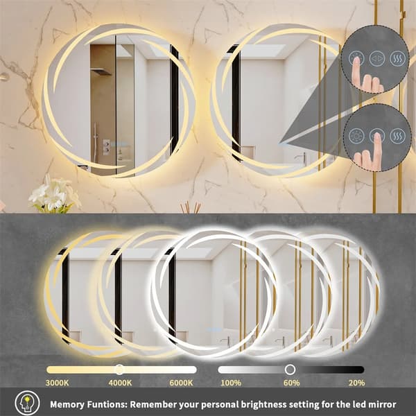Ø600mm 20W rund upplyst badrumsspegel, anti-dimma LED sminkspegel med minnesfunktion, 3 ljus färg