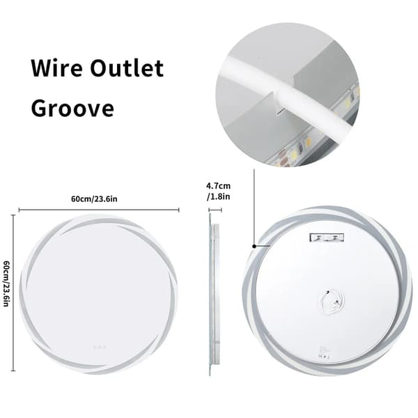 Ø600mm 20W rund upplyst badrumsspegel, anti-dimma LED sminkspegel med minnesfunktion, 3 ljus färg