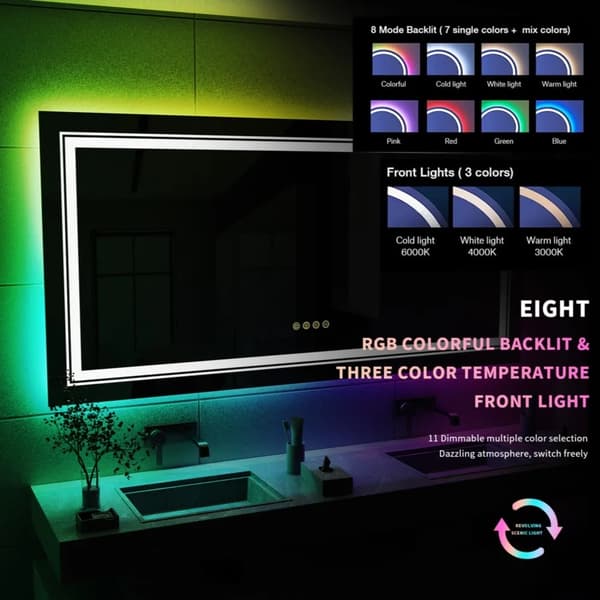 120x60cm RGB-bakgrundsbelyst anti-dimma badrumsspegel, väggmonterad sminkspegel, justerbar färgtemperatur och ljusstyrka