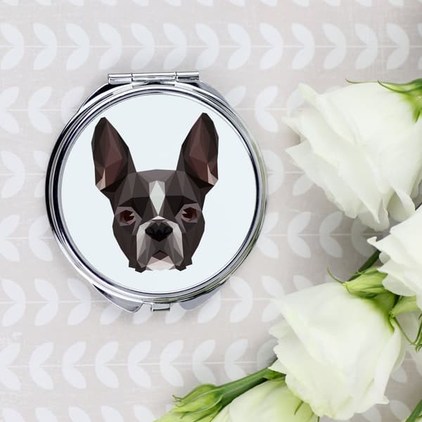 Boston Terrier, Boston Bull Terrier - et spejl med et foto og en geometrisk inskription af Art-Dog