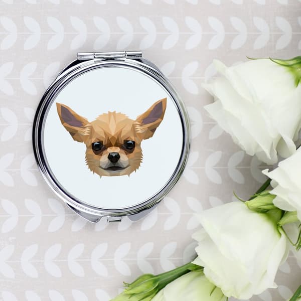 Lyhytkarvainen Chihuahua - peili valokuvalla ja geometrisella kirjoituksella Art-Dog