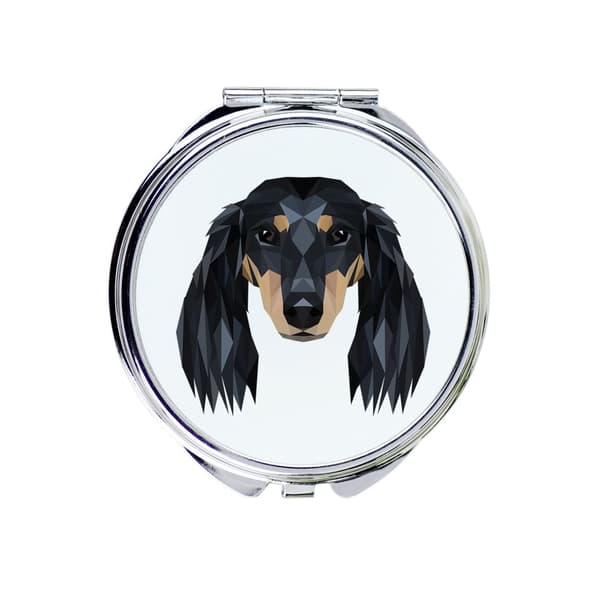 Langhåret gravhund - et spejl med et foto og en geometrisk inskription af Art-Dog
