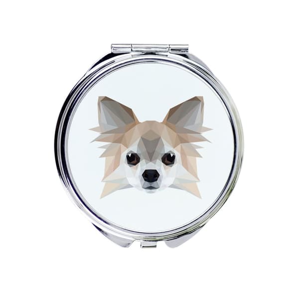 Langhåret Chihuahua - et spejl med et foto og en geometrisk inskription af Art-Dog