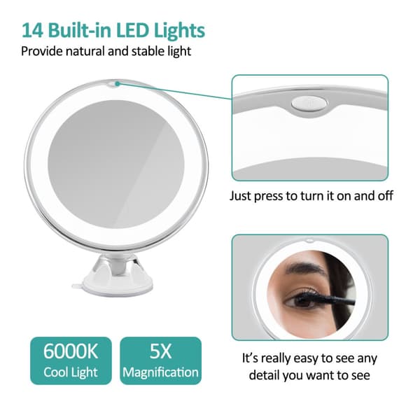 EMKE sminkspegel med LED-belysning (6000K) - 5x förstoring, 360° vridbar, hållbar sugkopp, resevänlig