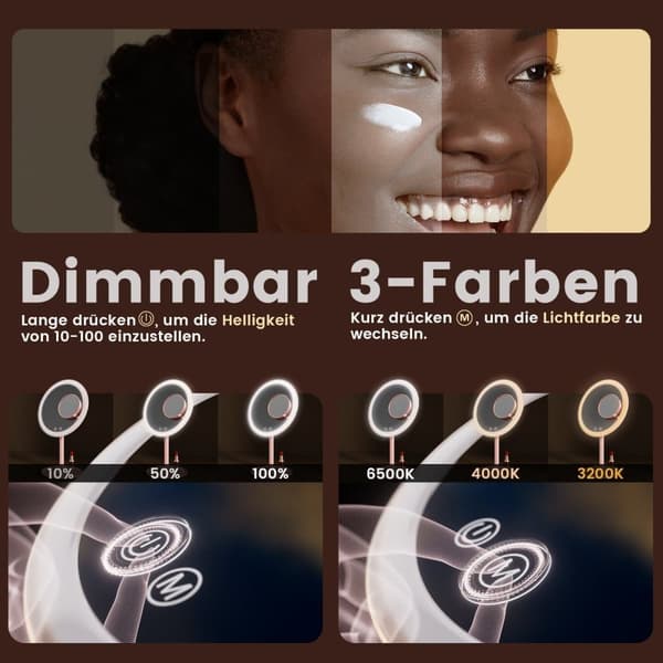 EMKE Makeupspejl med LED - Variabel lysstyrke, 1x/3x forstørrelse, touch, lys lilla