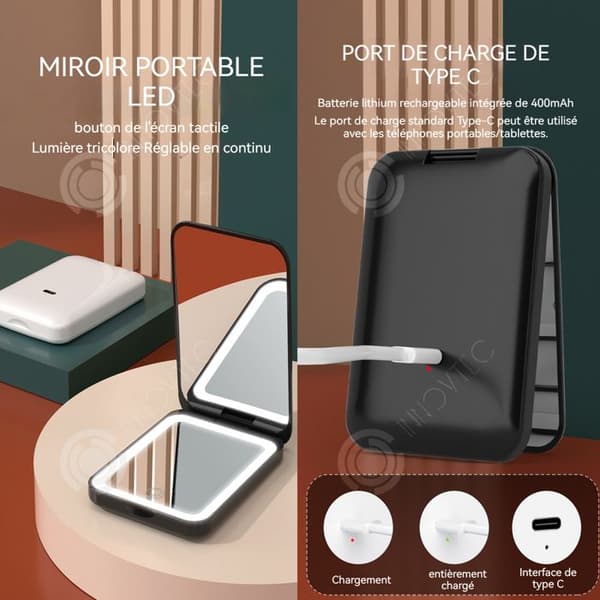 INN Mini uppladdningsbar sminkspegel med justerbart LED-ljus och 2x förstoringsglas Handhållen sminkspegel Touch Switch