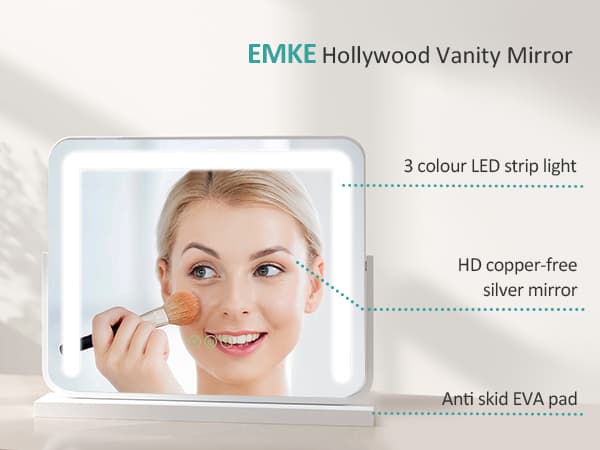 EMKE Suuri Hollywood-tyylinen meikkipeili 60x52cm - Ammattimainen meikkivalaistus, himmennettävä, valkoinen