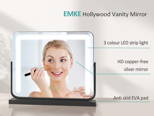 EMKE Meikkipeili 50x42cm - Hollywood Style, himmennettävä LED, musta