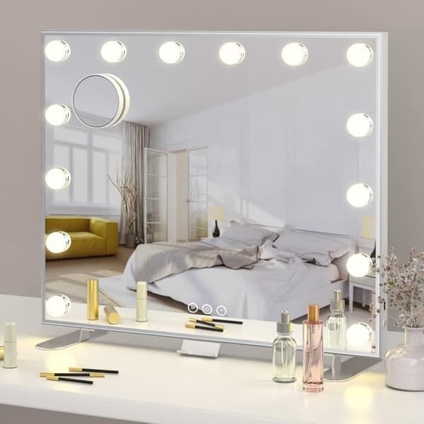ADDCOLOR Hollywood Sminkspegel med USB-laddningsport och telefonstöd, 14 LED-lampor och 3 ljuslägen