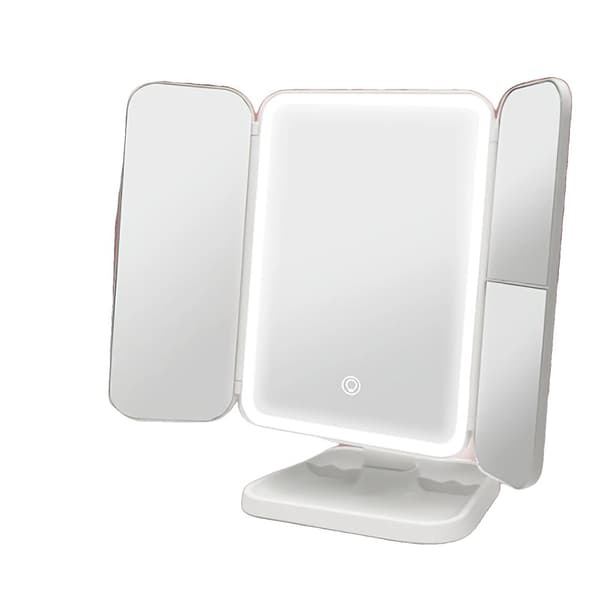 LED Tri-Fold Sminkspegel, Dubbel Dörrdesign, USB-Uppladdningsbar,Vit