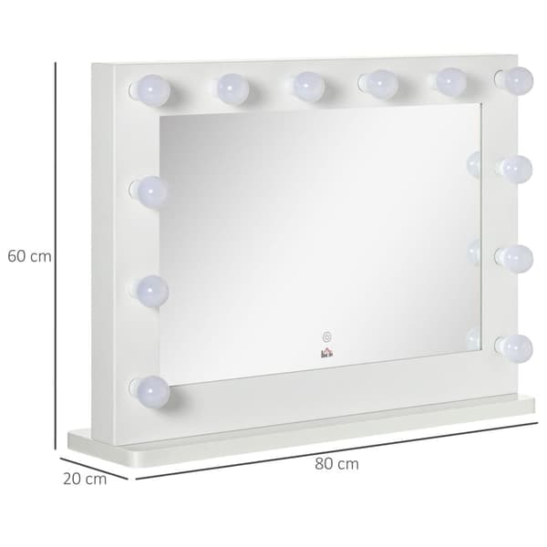 OBOSOE Hollywood LED Make-up Spejl 80x60 cm, 12 Dæmpbare Lys, Berøringskontrol med Hukommelse, Hollywood Make-Up Spejl