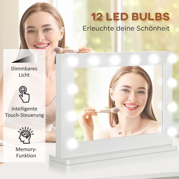 OBOSOE Hollywood LED Make-up Spejl 80x60 cm, 12 Dæmpbare Lys, Berøringskontrol med Hukommelse, Hollywood Make-Up Spejl