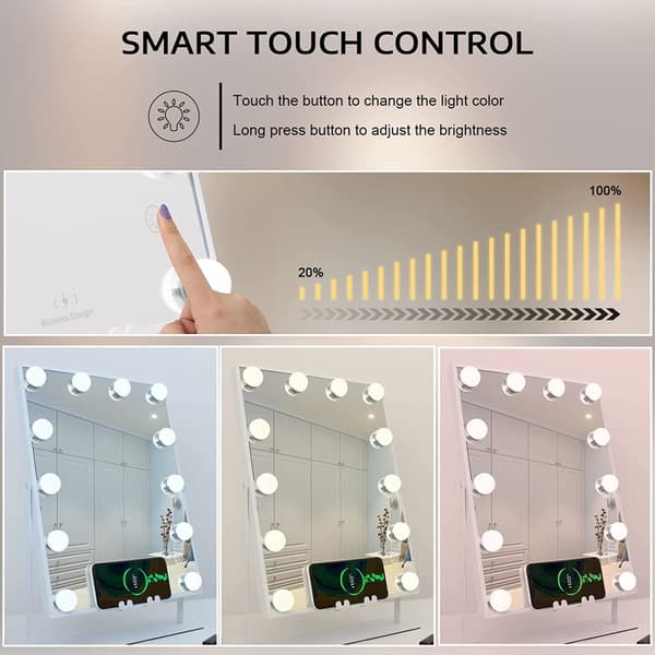 Sminkspegel, Bluetooth-högtalare, dimbara LED-lampor, 360-graders roterande design