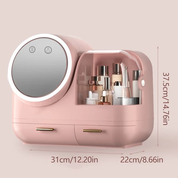 Monikäyttöinen kosmetiikkasäilytyslaatikko, jossa on LED-valo, HD-peili ja USB-lataus,PINKROSA