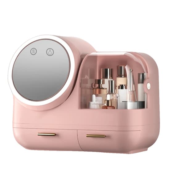 Multifunktionell Kosmetikförvaringsbox med LED-ljus, HD-spegel, USB-laddning,ROSA