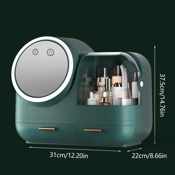 Multifunktionell Kosmetikförvaringsbox med LED-ljus, HD-spegel, USB-laddning,GRÖN