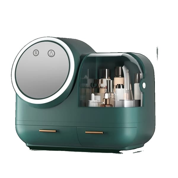 Multifunktionell Kosmetikförvaringsbox med LED-ljus, HD-spegel, USB-laddning,GRÖN