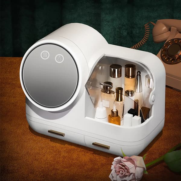 Makeup Organizer, LED Lys, Drejelig Spejl, USB Opladning,HVID