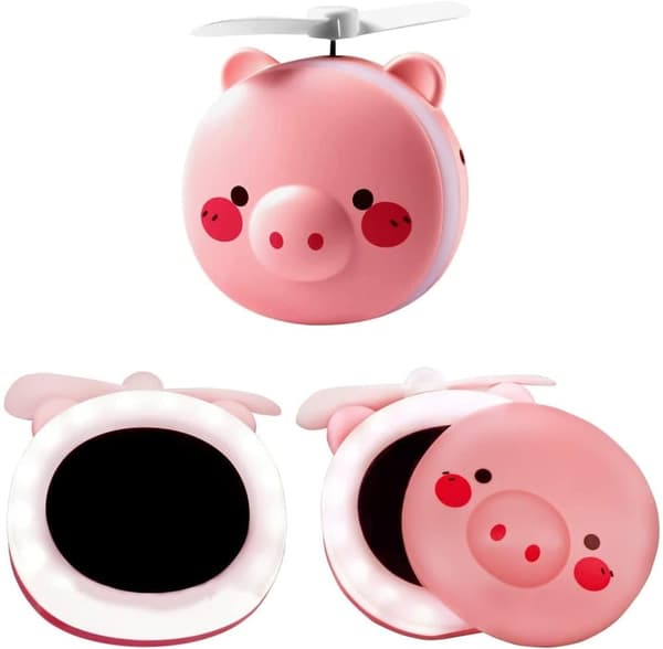 OBOSOE Makeup Spejle Bærbare LED Tegneserie Fyld Lys Makeup Spejl Ventilator Lys Justerbar USB Opladning Håndholdt Mini Fan