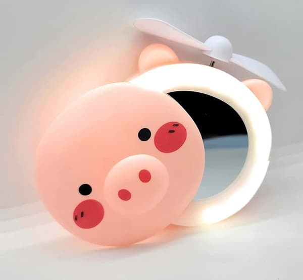 OBOSOE Makeup Spejle Bærbare LED Tegneserie Fyld Lys Makeup Spejl Ventilator Lys Justerbar USB Opladning Håndholdt Mini Fan
