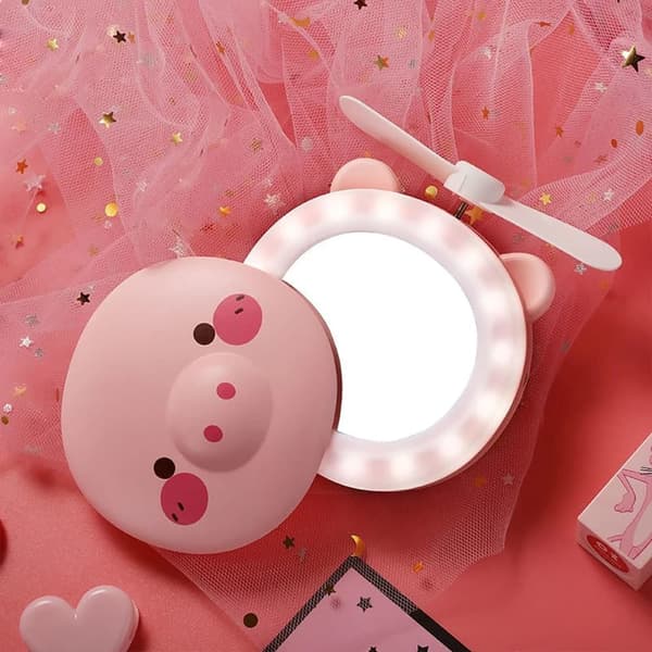 OBOSOE Makeup Spejle Bærbare LED Tegneserie Fyld Lys Makeup Spejl Ventilator Lys Justerbar USB Opladning Håndholdt Mini Fan