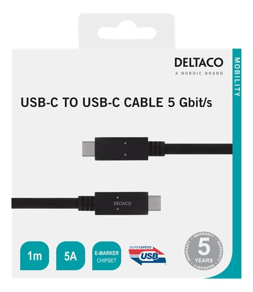 DELTACO USB-C till USB-C kabel, 5 Gbit/s, 1m