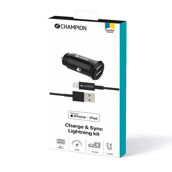 Champion billaddare Kit med USB-A till Lightning kabel Svart