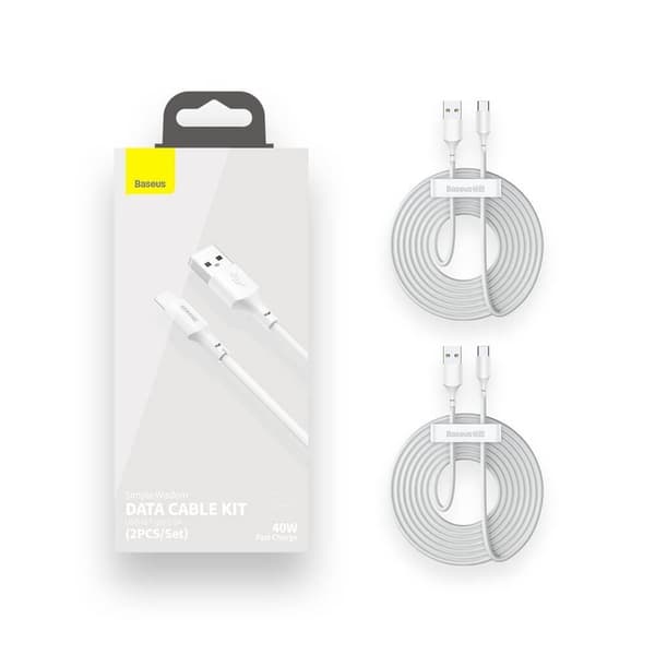 Baseus 2-pack USB-C till USB-A kabel 40 W 5 A 1.5m Vit
