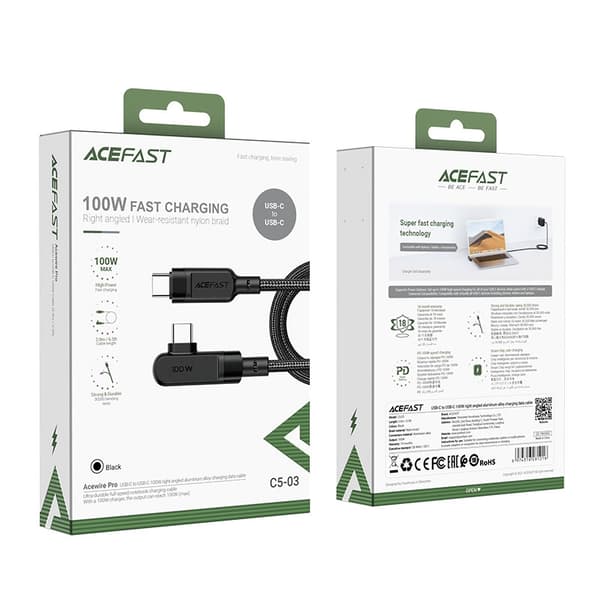 Acefast Vinklad USB-C till USB-C kabel 100W 2m - Svart