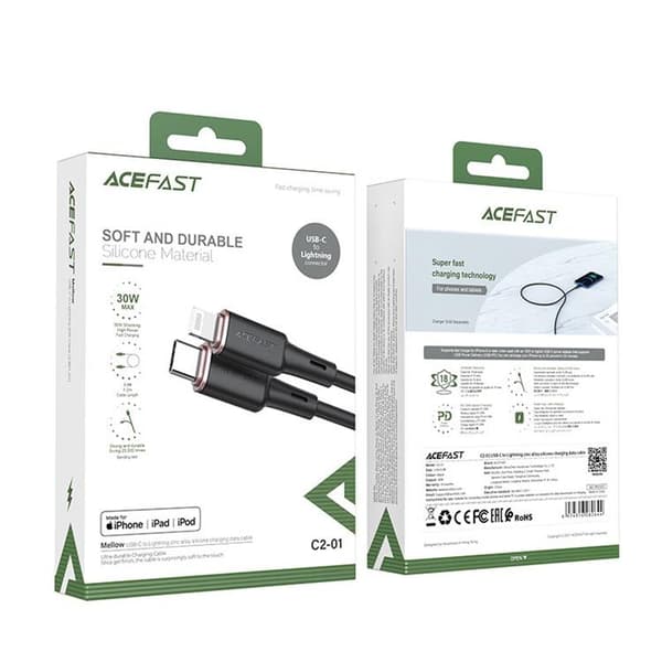 Acefast MFI USB-C till Lightning kabel 30W 1.2m - Svart