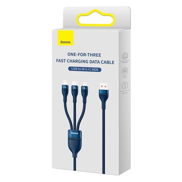 Baseus 3in1 Flash Series USB-C/Micro-USB/Lightning 66W 480Mb/s 1.2m - Blå