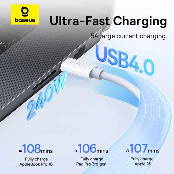 Baseus USB-C till USB-C kabel 240W PD 8K 60Hz 1m - Vit