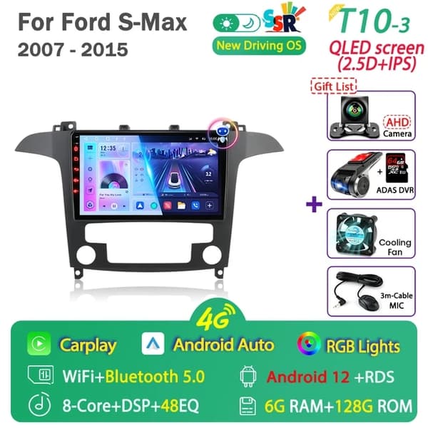 Bil ljudsystem, Android 12-kompatibilitet, Carplay-integration, T10-1-Fan-Cam