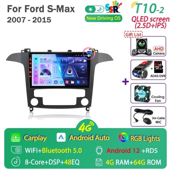 Bil ljudsystem, Android 12-kompatibilitet, Carplay-integration, T10-1-Fan-Cam