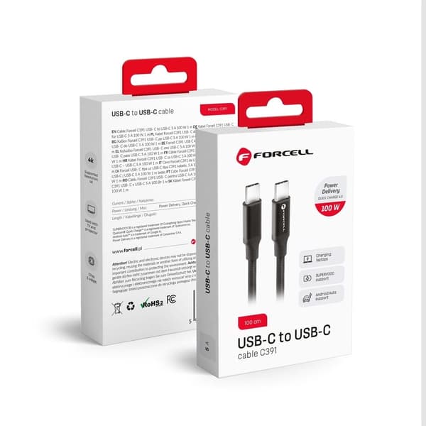 FORCELL USB-C till USB-C kabel QC4.0 PD100W / 4K / 20Gbit/s 1m
