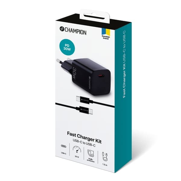 Champion Snabbladdare Kit USB-C till USB-C 30W PD - Svart