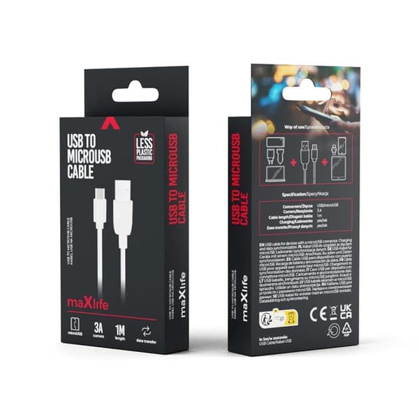 Maxlife kabel USB till microUSB 1m 3A - Vit