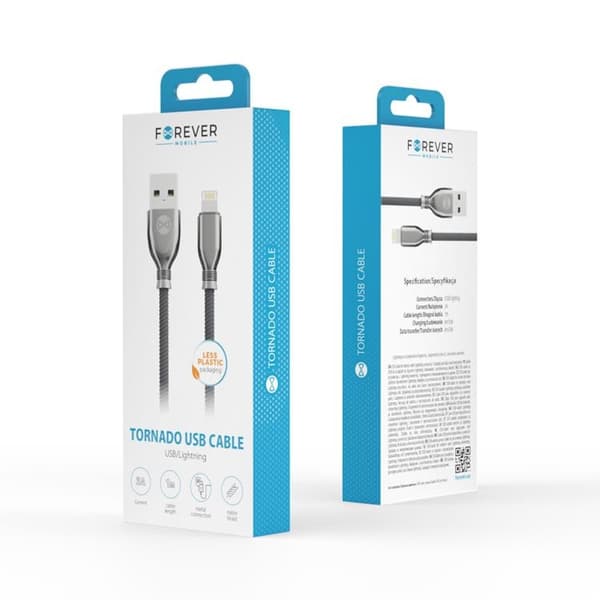 Forever Tornado USB-A till Lightning kabel 1m 3A - Svart