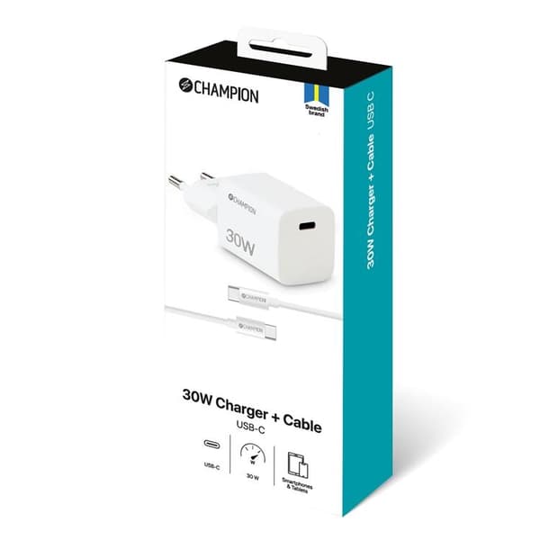 Champion Snabbladdare 30W + USB-C Kabel - Vit