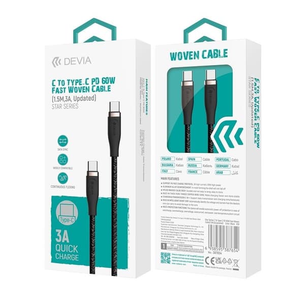 Devia USB-C Till USB-C 60W Kabel 3A 1.5m Star EC320 PD Svart