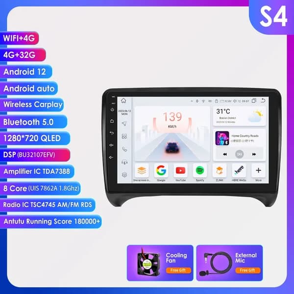 Bilstereo, multimediaspelare, navigation, S4 (9 tum 4G 32G)