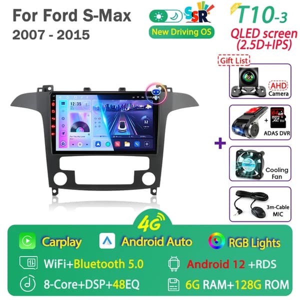 Bil Audio System, Android 12 Kompatibilitet, Carplay Integration, T10-3-Cam-DVR 64G
