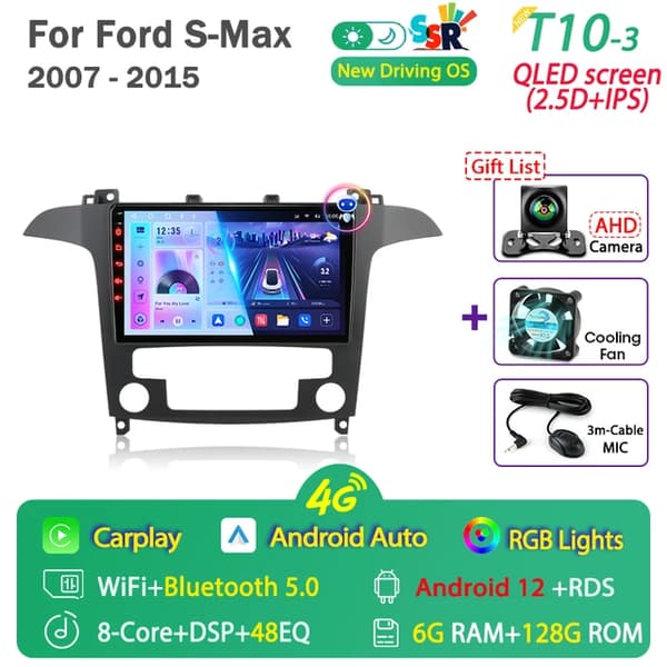 Bil Audio System, Android 12 Kompatibilitet, Carplay Integration, T10-3-Fan-Cam